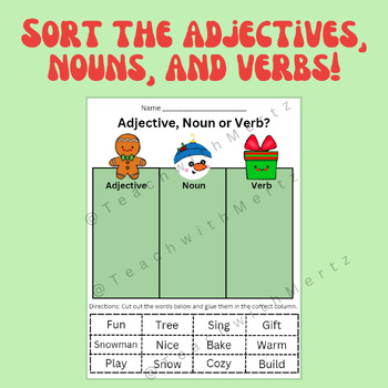 Preview of Sort the Adjective, Noun, and Verb Winter Worksheet
