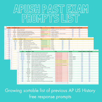 Preview of Sortable APUSH Past Exam Essay Prompt List