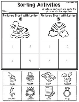 sorting activities posters and worksheets alphabet q and r tpt