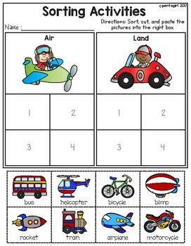 Sorting Activities Posters and Worksheets Transportation Air and Land