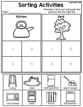 sorting activities posters and worksheets kitchen and yard tpt