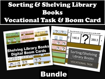 Preview of Sorting & Shelving Library Books Printable Vocational Task & Boom Card Bundle