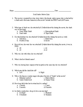 Preview of Soul Surfer- Movie Quiz (with answer key)