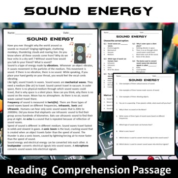 Preview of Sound Energy Reading Comprehension Passage and Questions - PDF