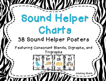 Preview of Sound Helper Charts-38 Consonant Blends, Digraphs, & Trigraphs Posters - Zebra