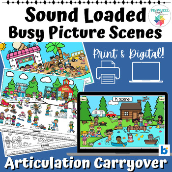 Preview of Sound Loaded Busy Picture Scenes Speech Therapy Articulation Boom Cards™ + Print