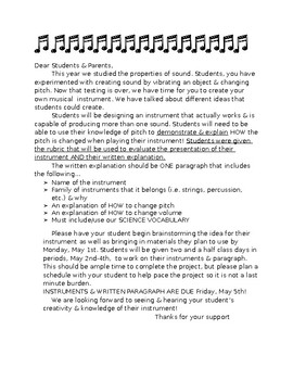 Preview of Sound Science - Musical Instrument Project Instructions/Letter and Rubric