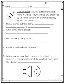 Sound Unit for Science-- Worksheets and Answer Key by The Sticky Note