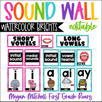 Preview of Sound Wall Phonics Watercolor Brights Vowel Valley Science of Reading