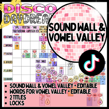 Preview of Sound Wall & Vowel Valley - Disco Daydream, Colorful Classroom Decor