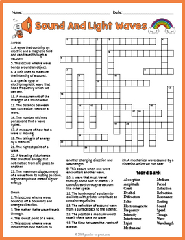No Prep Sound and Light Waves Activity - Crossword Puzzle Worksheet