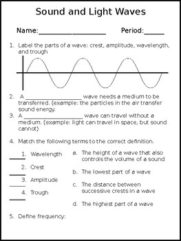 Preview of Sound and Light Waves / Properties of a Wave Worksheet