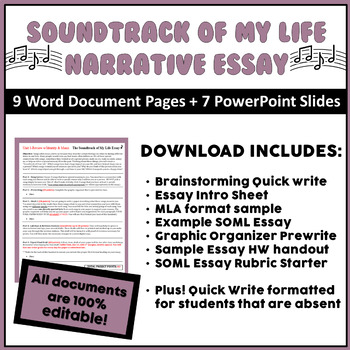 Preview of Soundtrack of My Life Narrative Essay (Prewrite + Graphic Organizer Outline)