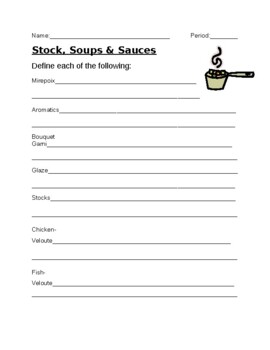 Preview of Soups stocks sauces definition sheet