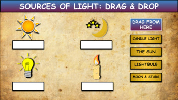 Preview of Sources Of Light: Drag & Drop Worksheet: Google Slides. Powerpoint