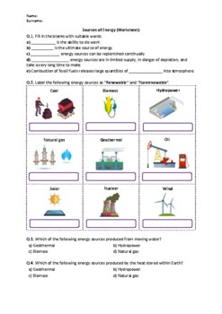 Preview of Sources of Energy - Worksheet | Easel Activity & Printable PDF