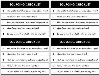 Preview of Sourcing Primary Source Checklist Cards