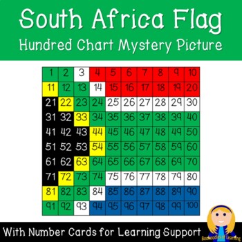 Preview of South Africa Flag Hundred Chart Mystery Picture with Number Cards