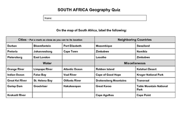 Preview of South Africa Geography Quiz