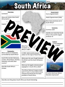 Preview of South Africa Worksheet