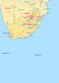Preview of South Africa map with cities township counties rivers roads labeled