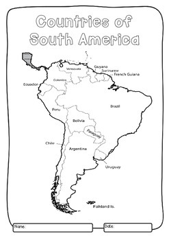 South America 12 Countries Study - worksheets flags and maps for each
