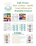 South America 3 part Montessori matching game - flags, cou