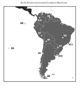 Preview of South America Landmarks Map Crossword & Word Search