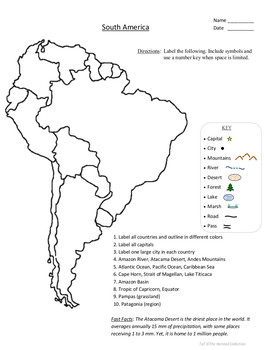 South America Map Worksheet by The Harstad Collection | TPT