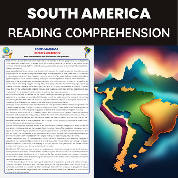 Preview of South America Reading Comprehension | South American History and Geography