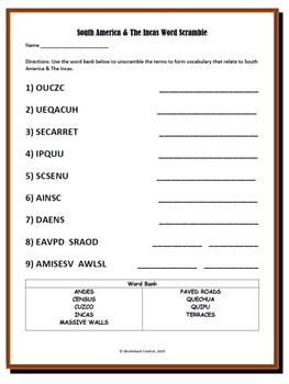 South America & The Incas- 1 Word Search & 1 Word Scramble by Worksheet ...