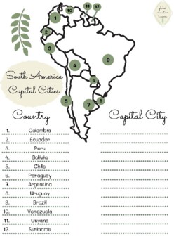 Preview of South America country and capital cities with differentiated worksheets