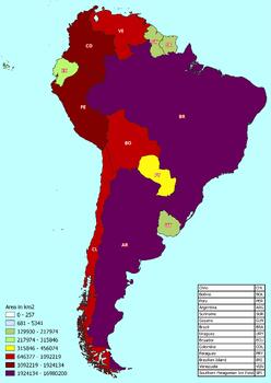 Preview of South America map with countries classified by area