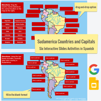 Preview of South American Countries & Capitals in SPANISH - drag-drop, labeling activities