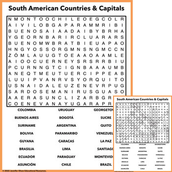 South American Countries and Capitals Word Search | TPT