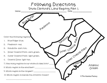 Preview of South Carolina's Land Regions- Following Directions Activities