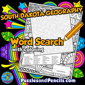 South Dakota Geography Word Search Puzzle Activity Page with Coloring