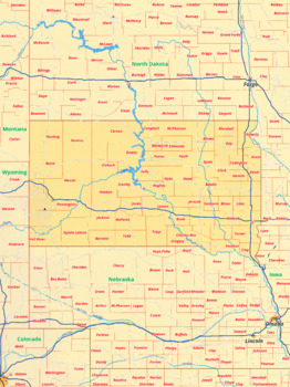 Preview of South Dakota map with cities township counties rivers roads labeled