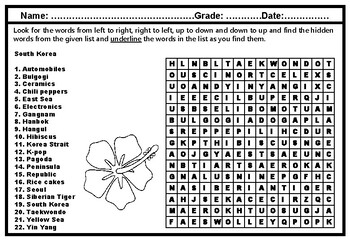 south korea word search worksheet geography vocabulary no prep sub plan