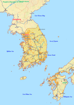 Preview of South Korea map with cities township counties rivers roads labeled