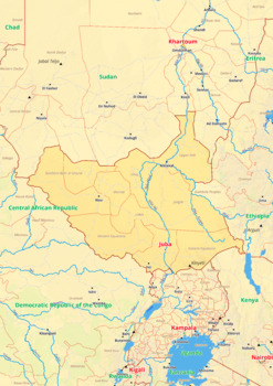 Preview of South Sudan map with cities township counties rivers roads labeled