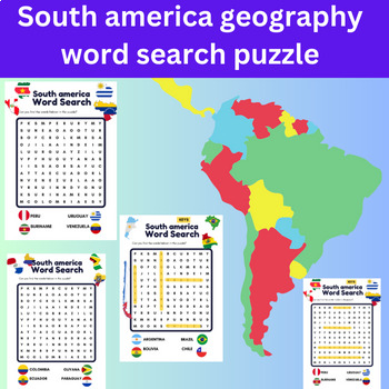 Preview of South america geography word search puzzle & map worksheet activity