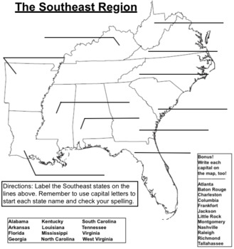 Preview of Southeast Region Blank Map - Label the States