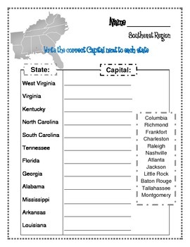 Southeast Region Worksheets and Flashcards. Matching Label Capitals and ...