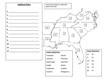 Southeast States Map With Numbers Study Guide Quiz Practice