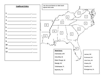 Southeast States Map with numbers - study guide, quiz, practice sheets