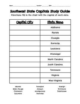 Southeast States and Capitals (Study Guide and Quiz with KEYS) by Tyler Nay