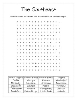 Southeast States and Capitals Word Search by Figuring Out Fourth