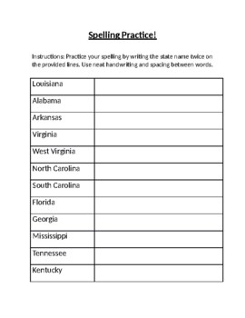 Preview of Southeastern States Spelling Practice