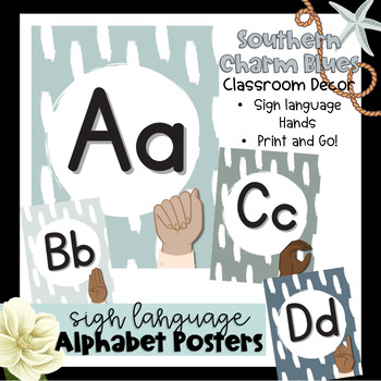 Preview of Southern Charm Blues Sign Language Alphabet Posters | Classroom Decor |